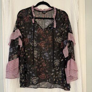 A.n.a Top Women’s 2X Red Black Dark Floral Tiered Bell Sleeves L Sheer Top Fall